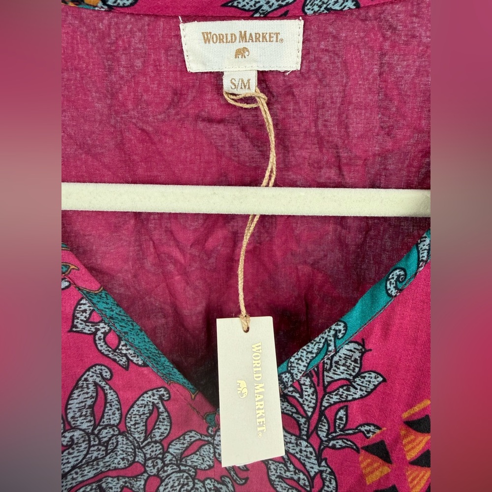 World Market Cotton Boho Patchwork Dress S/M Pink Teal India Short Sleeve Mini - Picture 4 of 5
